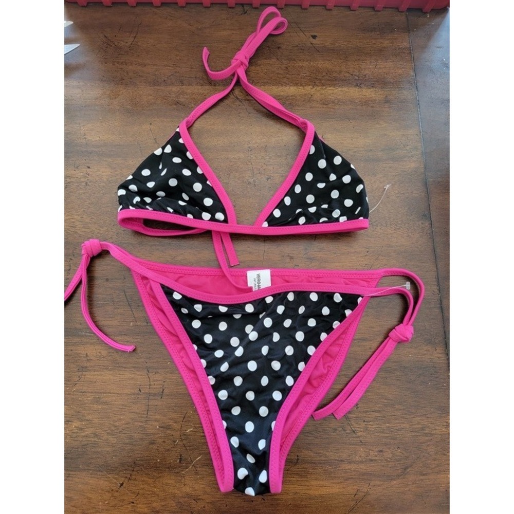 NWOT Vera Moda L Black White Pink Polka Dot Bikini Swim Top Bottom 126466